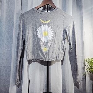 Gray Floral Long Sleeve Crop Top